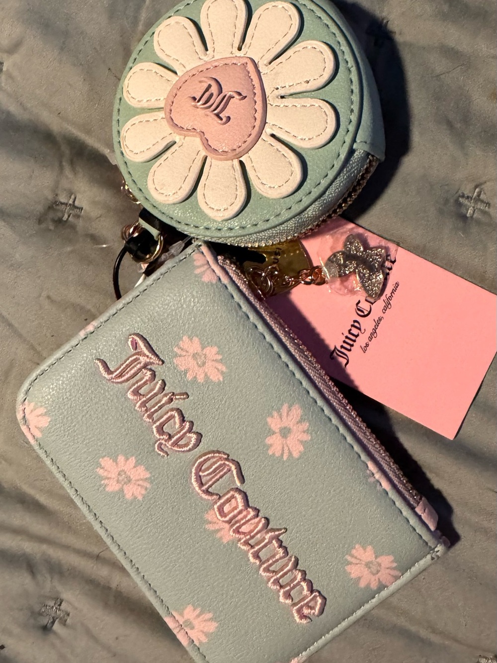 Juicy Couture Mint Green and Pink Daisy Card Holder with Coin Pouch